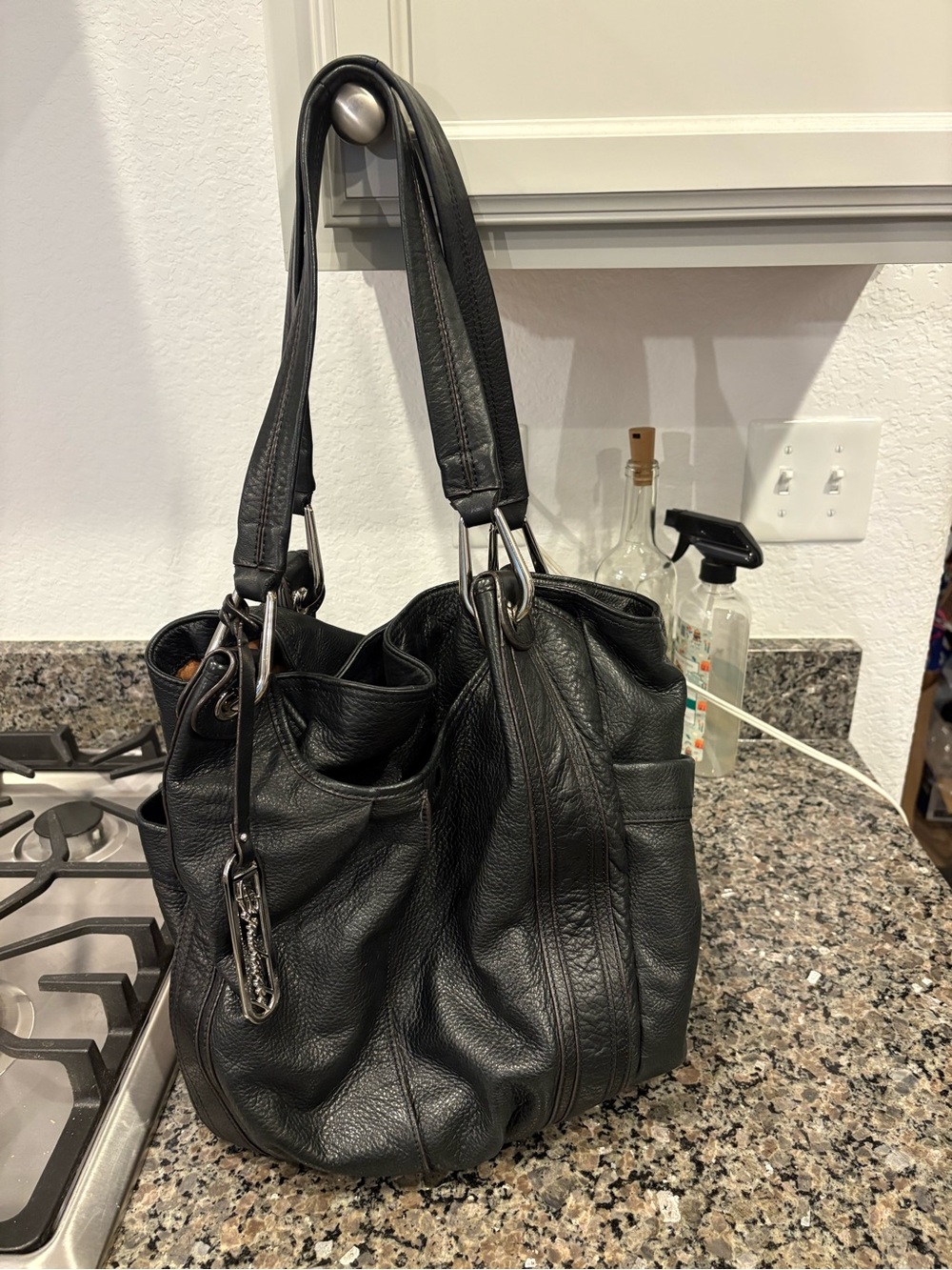 B. Makowsky Pebbled Black Leather Shoulder Bag with Silver Hardware